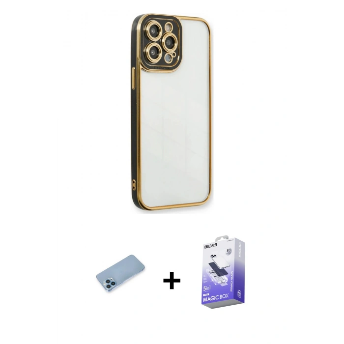 MARSİLYAN™- iPhone 13 Pro Max Kılıf Çekirdek Klasik Serisi - Siyah Bilvis 5in1 5D Magic Hayalet Cam Ekran Koruyucu + Shine Kamera Lens Koruma Cam - MI