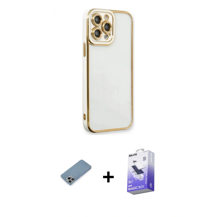 MARSİLYAN™- iPhone 13 Pro Max Kılıf Çekirdek Klasik Serisi - Siyah Bilvis 5in1 5D Magic Hayalet Cam Ekran Koruyucu + Gökkuşağı Shine Kamera Lens Koruma Cam