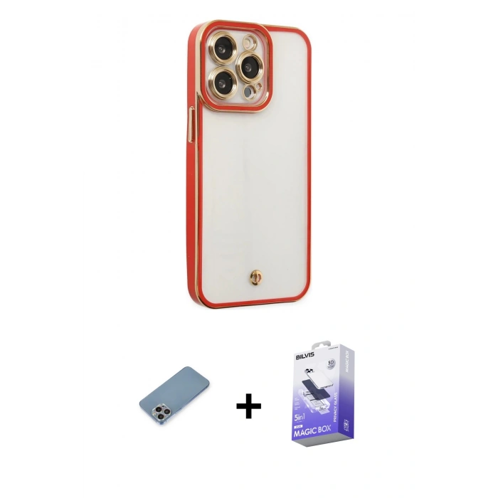MARSİLYAN™- iPhone 13 Pro Max Kılıf Çekirdek Klasik Serisi - Siyah Bilvis 5in1 5D Magic Hayalet Cam Ekran Koruyucu + Gökkuşağı Shine Kamera Lens Koruma Cam