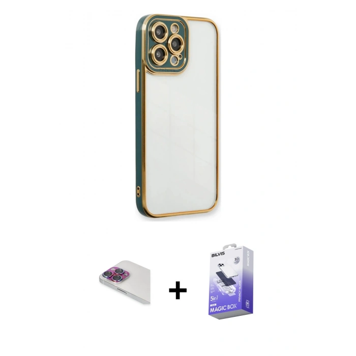 MARSİLYAN™- iPhone 13 Pro Max Kılıf Çekirdek Klasik Serisi - Siyah Bilvis 5in1 5D Magic Hayalet Cam Ekran Koruyucu + Pers Alüminyum Kamera Lens - GI