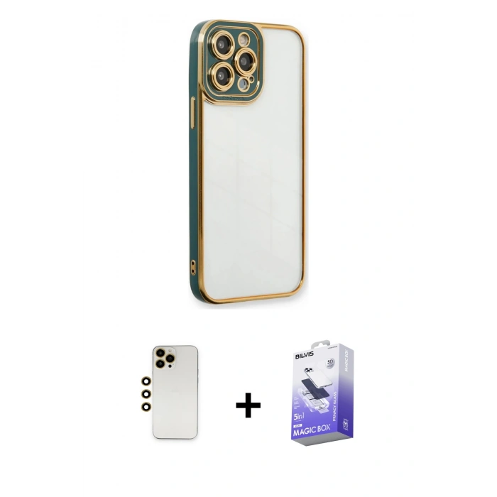 MARSİLYAN™- iPhone 13 Pro Max Kılıf Çekirdek Klasik Serisi - Siyah Bilvis 5in1 5D Magic Hayalet Cam Ekran Koruyucu + Shine Kamera Lens - GD
