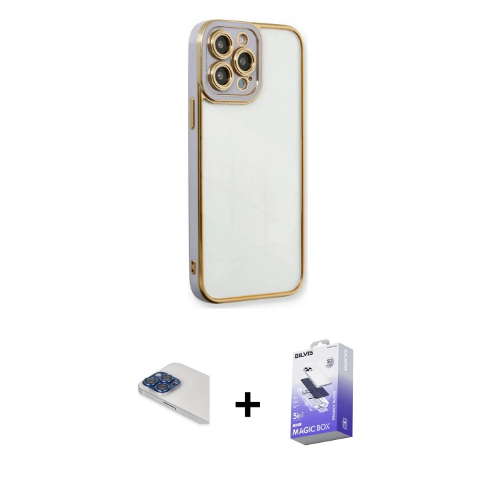 MARSİLYAN™- iPhone 13 Pro Max Kılıf Çekirdek Klasik Serisi - Siyah Bilvis 5in1 5D Magic Hayalet Cam Ekran Koruyucu + Lacivert Pers Alüminyum Kamera Lens