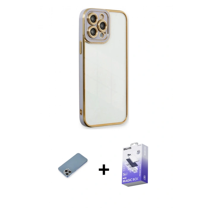 MARSİLYAN™- iPhone 13 Pro Max Kılıf Çekirdek Klasik Serisi - Siyah Bilvis 5in1 5D Magic Hayalet Cam Ekran Koruyucu + Gökkuşağı Shine Kamera Lens Koruma Cam