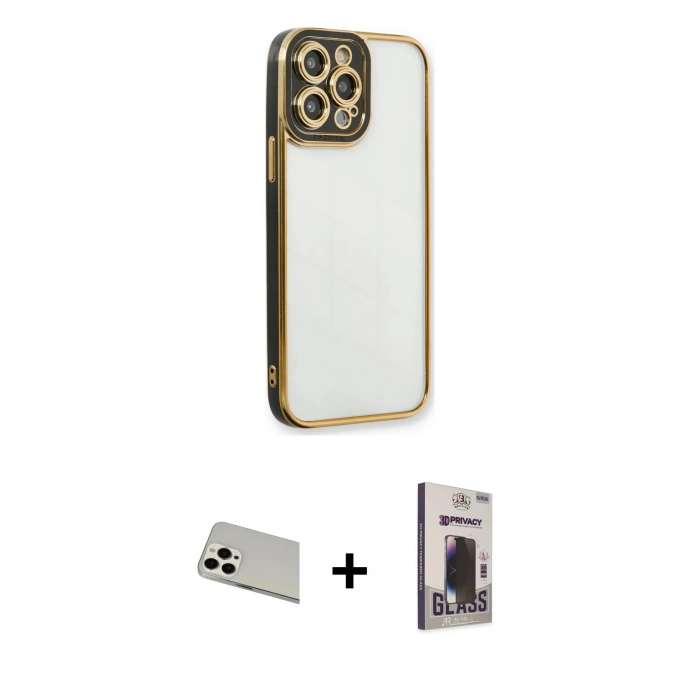 MARSİLYAN™- iPhone 13 Pro Max Kılıf Çekirdek Klasik Serisi - Siyah Bilvis Hayalet Cam Ekran Koruyucu + Rainbow Kamera Lens Koruma Cam - BZ