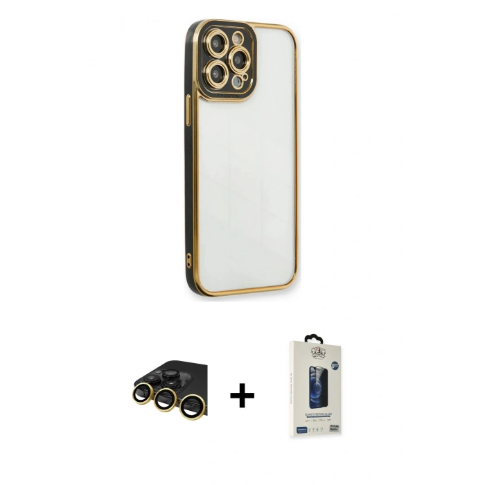 MARSİLYAN™- iPhone 13 Pro Max Kılıf Çekirdek Klasik Serisi - Siyah Bilvis Hayalet Cam Ekran Koruyucu + Raze Metal Kamera Lens - GD