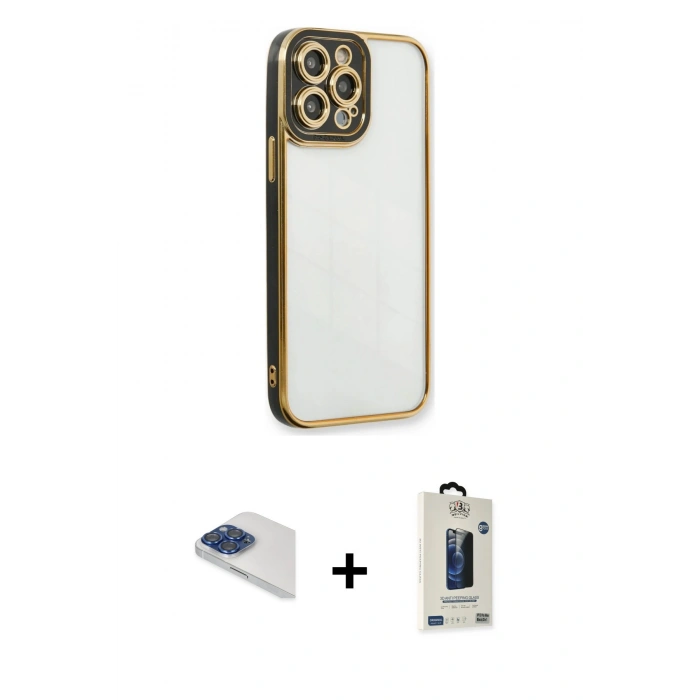 MARSİLYAN™- iPhone 13 Pro Max Kılıf Çekirdek Klasik Serisi - Siyah Bilvis Hayalet Cam Ekran Koruyucu + Pers Alüminyum Kamera Lens - LT