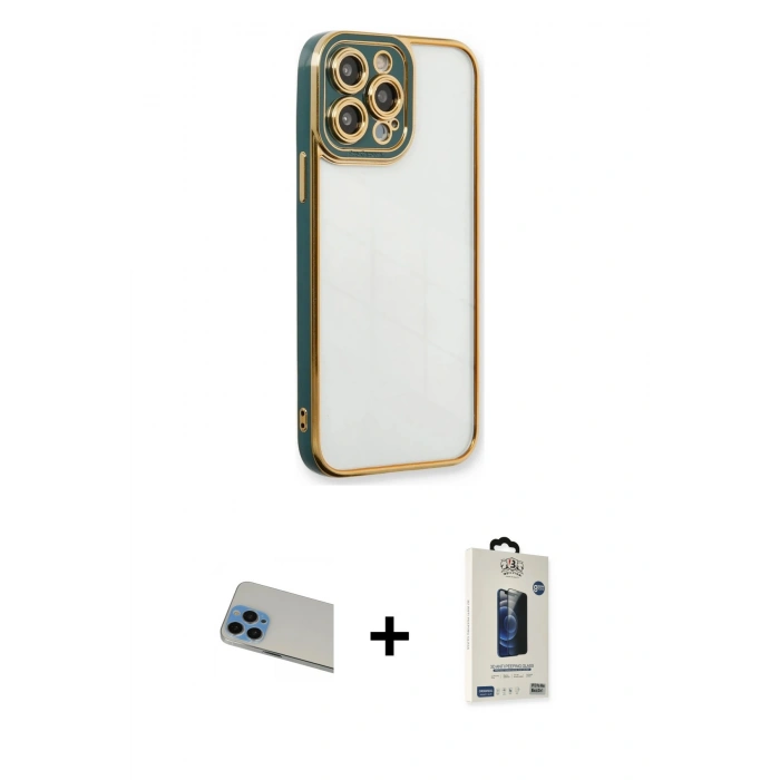 MARSİLYAN™- iPhone 13 Pro Max Kılıf Çekirdek Klasik Serisi - Siyah Bilvis Hayalet Cam Ekran Koruyucu + Rainbow Kamera Lens Koruma Cam - MI