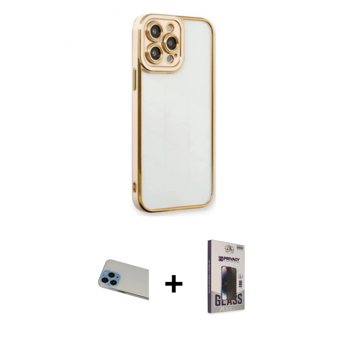 MARSİLYAN™- iPhone 13 Pro Max Kılıf Çekirdek Klasik Serisi - Siyah Bilvis Hayalet Cam Ekran Koruyucu + Mavi Rainbow Kamera Lens Koruma Cam