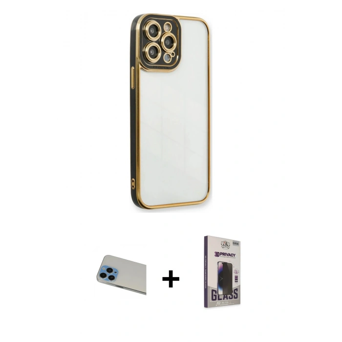 MARSİLYAN™- iPhone 13 Pro Max Kılıf Çekirdek Klasik Serisi - Siyah Bilvis Hayalet Cam Ekran Koruyucu + Mavi Rainbow Kamera Lens Koruma Cam