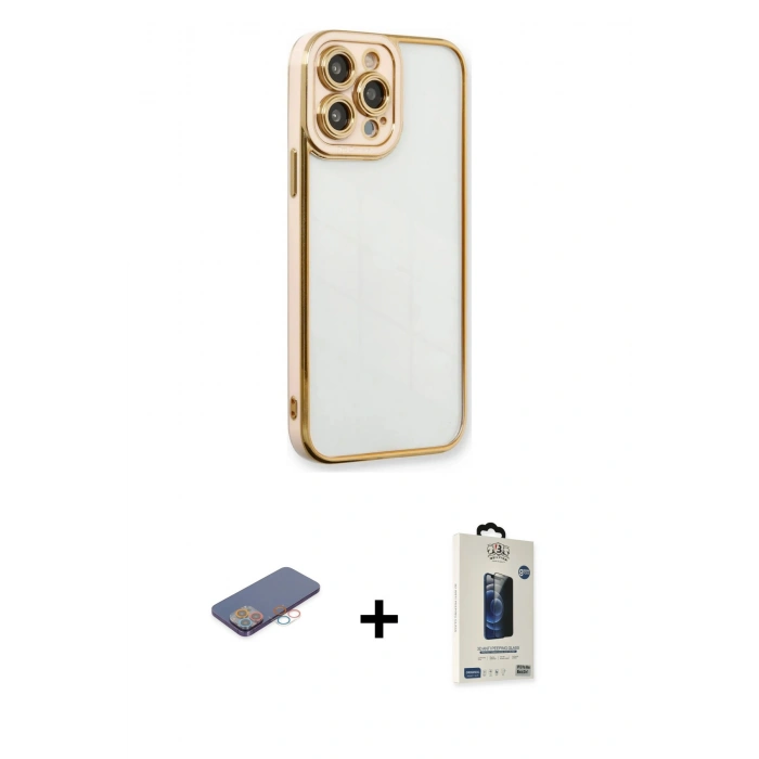 MARSİLYAN™- iPhone 13 Pro Max Kılıf Çekirdek Klasik Serisi - Siyah Bilvis Hayalet Cam Ekran Koruyucu + Renkli Kamera Lens Koruma Cam - PE