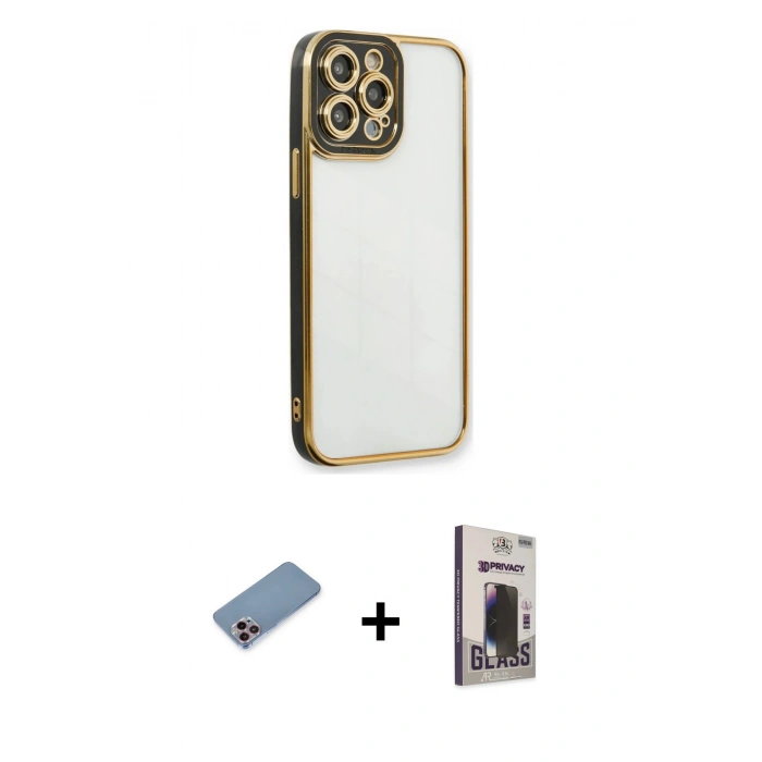 MARSİLYAN™- iPhone 13 Pro Max Kılıf Çekirdek Klasik Serisi - Siyah Bilvis Hayalet Cam Ekran Koruyucu + Shine Kamera Lens Koruma Cam - PE