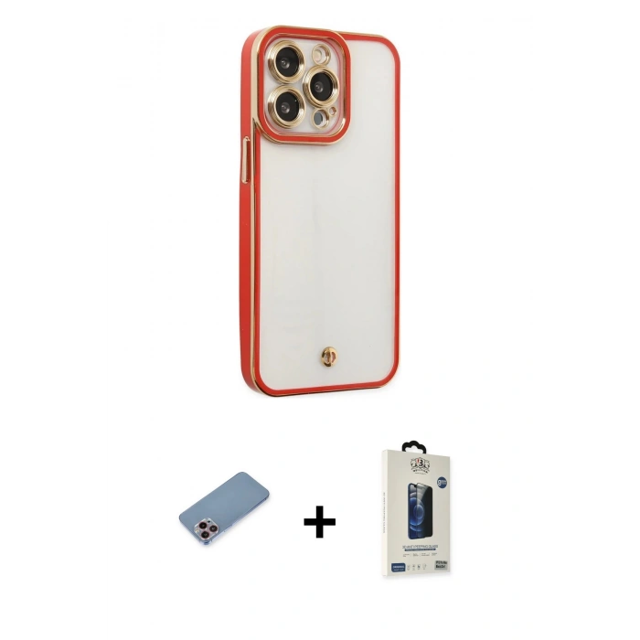 MARSİLYAN™- iPhone 13 Pro Max Kılıf Çekirdek Klasik Serisi - Siyah Bilvis Hayalet Cam Ekran Koruyucu + Pembe Shine Kamera Lens Koruma Cam