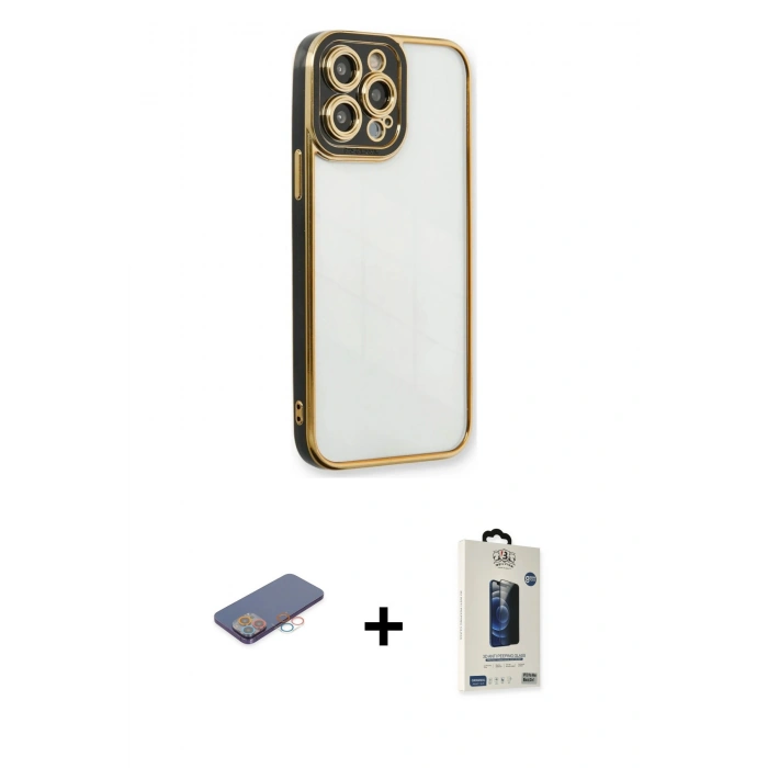 MARSİLYAN™- iPhone 13 Pro Max Kılıf Çekirdek Klasik Serisi - Siyah Bilvis Hayalet Cam Ekran Koruyucu + Renkli Kamera Lens Koruma Cam - PE
