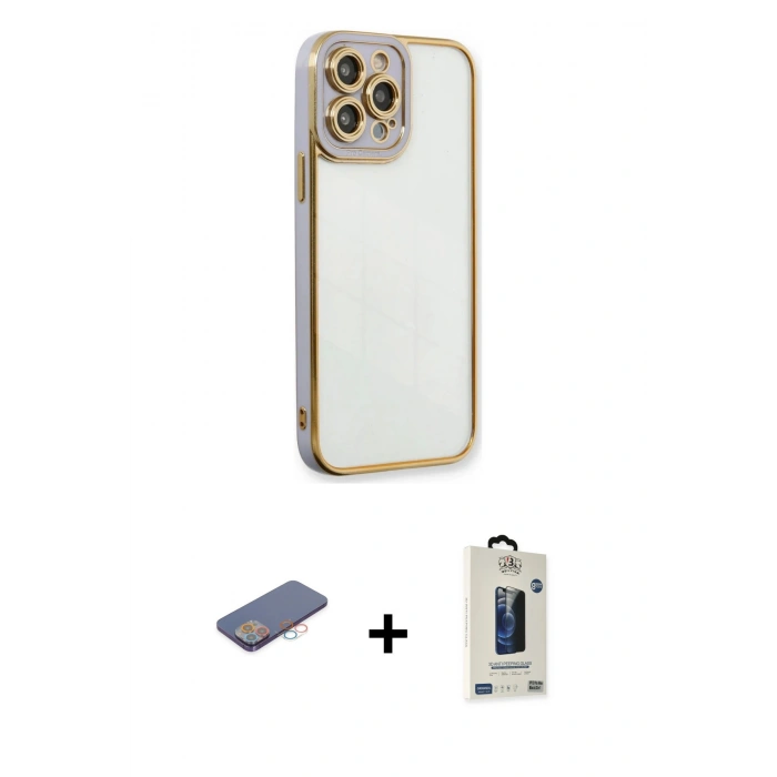 MARSİLYAN™- iPhone 13 Pro Max Kılıf Çekirdek Klasik Serisi - Siyah Bilvis Hayalet Cam Ekran Koruyucu + Renkli Kamera Lens Koruma Cam - PE