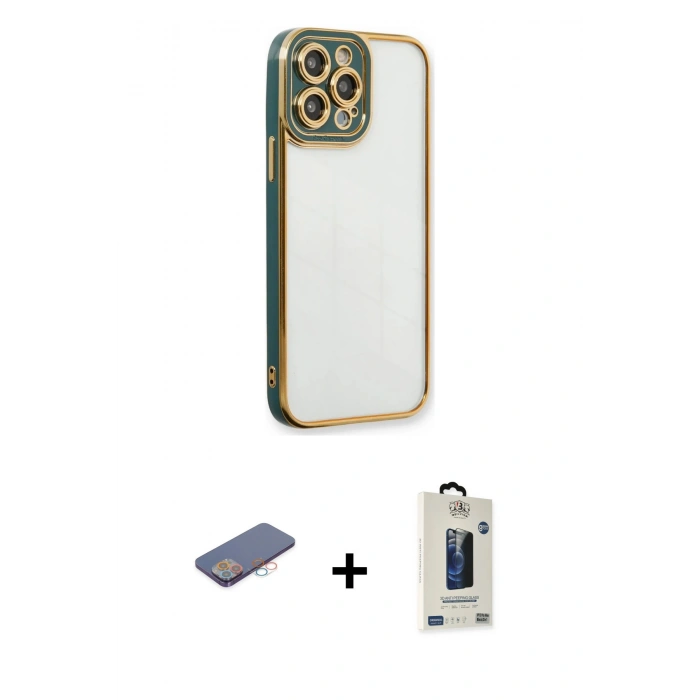 MARSİLYAN™- iPhone 13 Pro Max Kılıf Çekirdek Klasik Serisi - Siyah Bilvis Hayalet Cam Ekran Koruyucu + Renkli Kamera Lens Koruma Cam - PE
