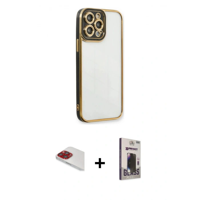 MARSİLYAN™- iPhone 13 Pro Max Kılıf Çekirdek Klasik Serisi - Siyah Bilvis Hayalet Cam Ekran Koruyucu + Pers Alüminyum Kamera Lens - KI