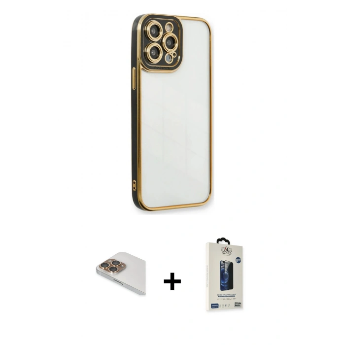 MARSİLYAN™- iPhone 13 Pro Max Kılıf Çekirdek Klasik Serisi - Siyah Bilvis Hayalet Cam Ekran Koruyucu + Pers Alüminyum Kamera Lens - GD