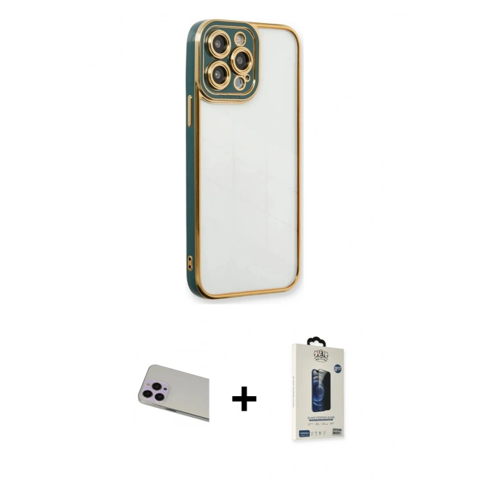MARSİLYAN™- iPhone 13 Pro Max Kılıf Çekirdek Klasik Serisi - Siyah Bilvis Hayalet Cam Ekran Koruyucu + Rainbow Kamera Lens Koruma Cam - MR