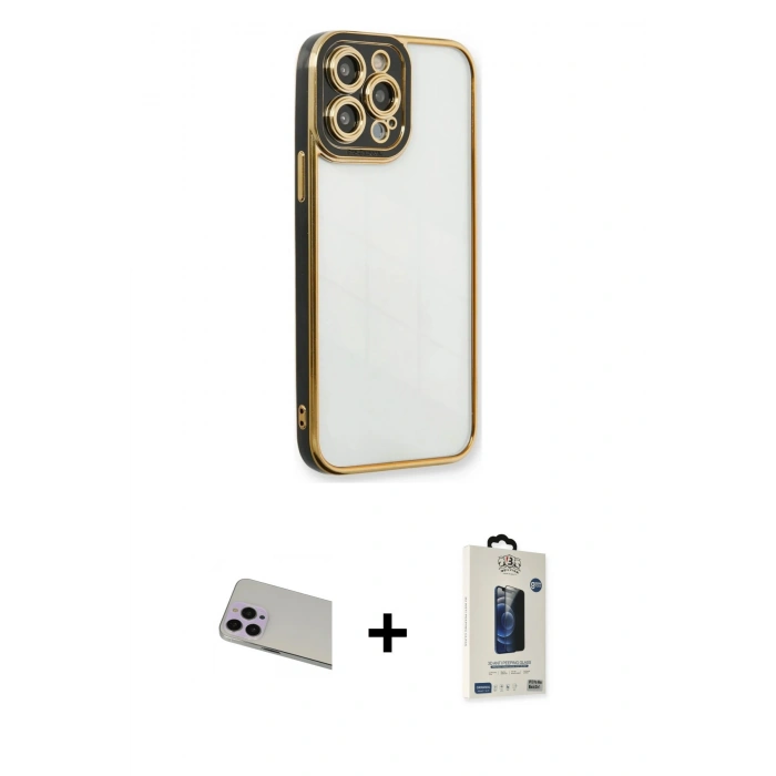 MARSİLYAN™- iPhone 13 Pro Max Kılıf Çekirdek Klasik Serisi - Siyah Bilvis Hayalet Cam Ekran Koruyucu + Rainbow Kamera Lens Koruma Cam - MR