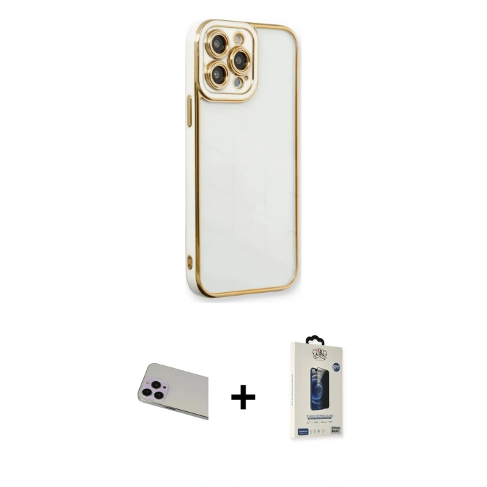 MARSİLYAN™- iPhone 13 Pro Max Kılıf Çekirdek Klasik Serisi - Siyah Bilvis Hayalet Cam Ekran Koruyucu + Rainbow Kamera Lens Koruma Cam - MR