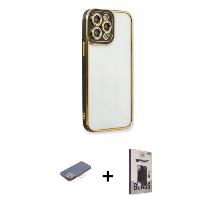 MARSİLYAN™- iPhone 13 Pro Max Kılıf Çekirdek Klasik Serisi - Siyah Bilvis Hayalet Cam Ekran Koruyucu + Renkli Kamera Lens Koruma Cam - SI
