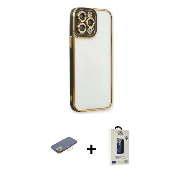 MARSİLYAN™- iPhone 13 Pro Max Kılıf Çekirdek Klasik Serisi - Siyah Bilvis Hayalet Cam Ekran Koruyucu + Sarı Renkli Kamera Lens Koruma Cam