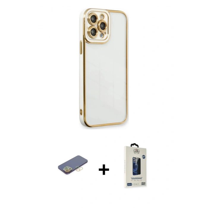 MARSİLYAN™- iPhone 13 Pro Max Kılıf Çekirdek Klasik Serisi - Siyah Bilvis Hayalet Cam Ekran Koruyucu + Sarı Renkli Kamera Lens Koruma Cam