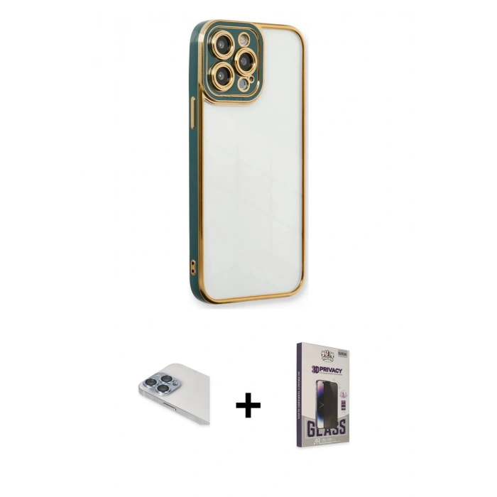 MARSİLYAN™- iPhone 13 Pro Max Kılıf Çekirdek Klasik Serisi - Siyah Bilvis Hayalet Cam Ekran Koruyucu + Sierra Blue Pers Alüminyum Kamera Lens