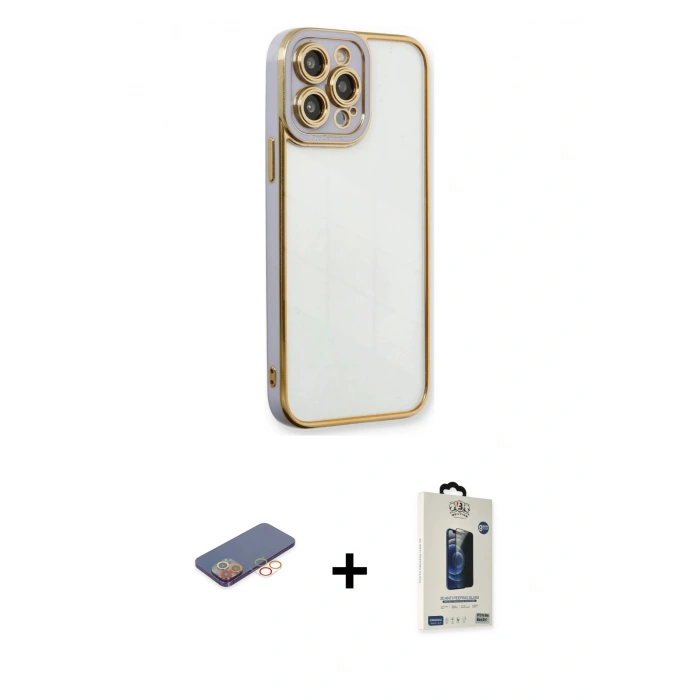 MARSİLYAN™- iPhone 13 Pro Max Kılıf Çekirdek Klasik Serisi - Siyah Bilvis Hayalet Cam Ekran Koruyucu + Turuncu Renkli Kamera Lens Koruma Cam