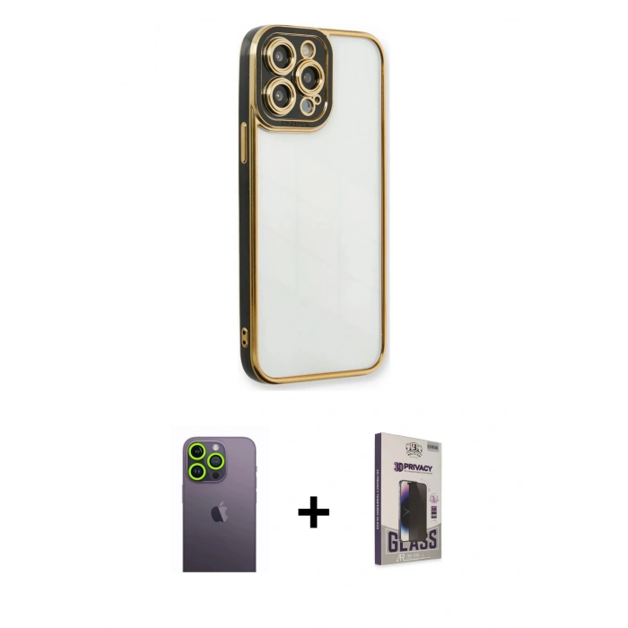 MARSİLYAN™- iPhone 13 Pro Max Kılıf Çekirdek Klasik Serisi - Siyah Bilvis Hayalet Cam Ekran Koruyucu + Neon Fosforlu Kamera Lens - YL