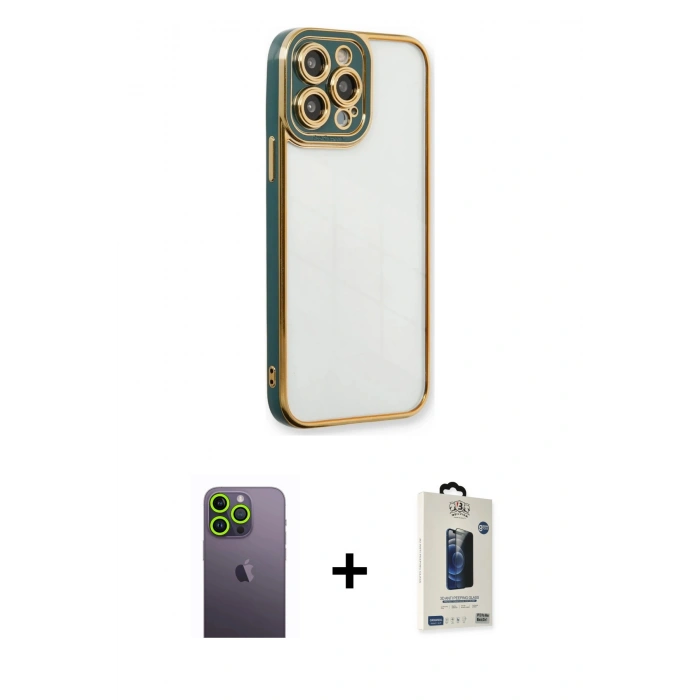 MARSİLYAN™- iPhone 13 Pro Max Kılıf Çekirdek Klasik Serisi - Siyah Bilvis Hayalet Cam Ekran Koruyucu + Neon Fosforlu Kamera Lens - YL