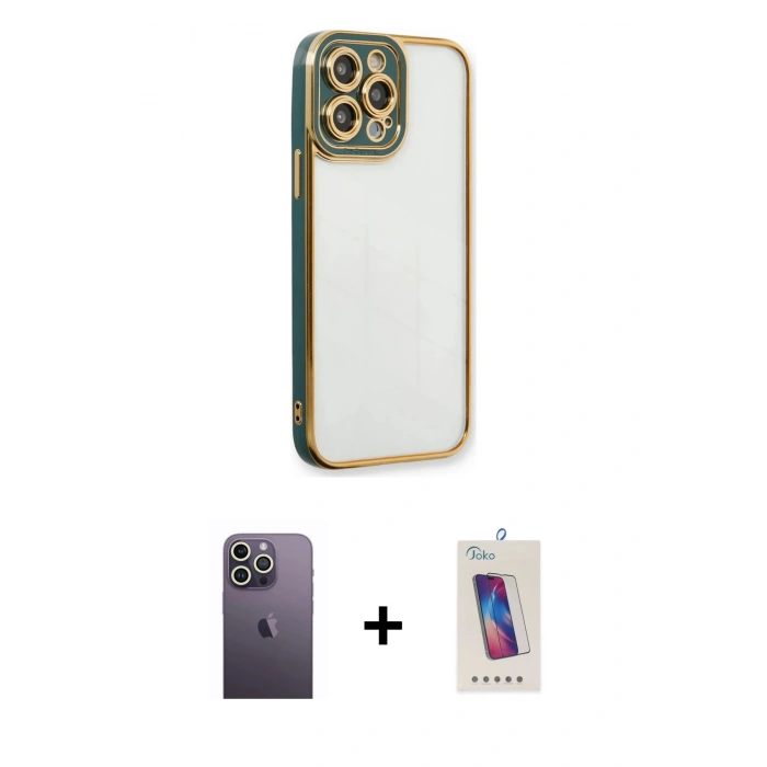 MARSİLYAN™- iPhone 13 Pro Max Kılıf Çekirdek Klasik Serisi - Siyah Joko 5D Cam + Neon Fosforlu Kamera Lens - BZ