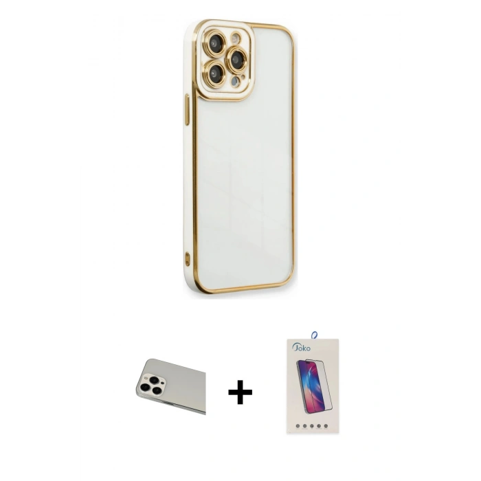 MARSİLYAN™- iPhone 13 Pro Max Kılıf Çekirdek Klasik Serisi - Siyah Joko 5D Cam + Beyaz Rainbow Kamera Lens Koruma Cam