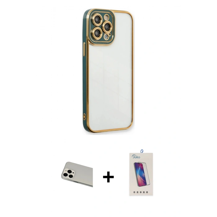 MARSİLYAN™- iPhone 13 Pro Max Kılıf Çekirdek Klasik Serisi - Siyah Joko 5D Cam + Beyaz Rainbow Kamera Lens Koruma Cam
