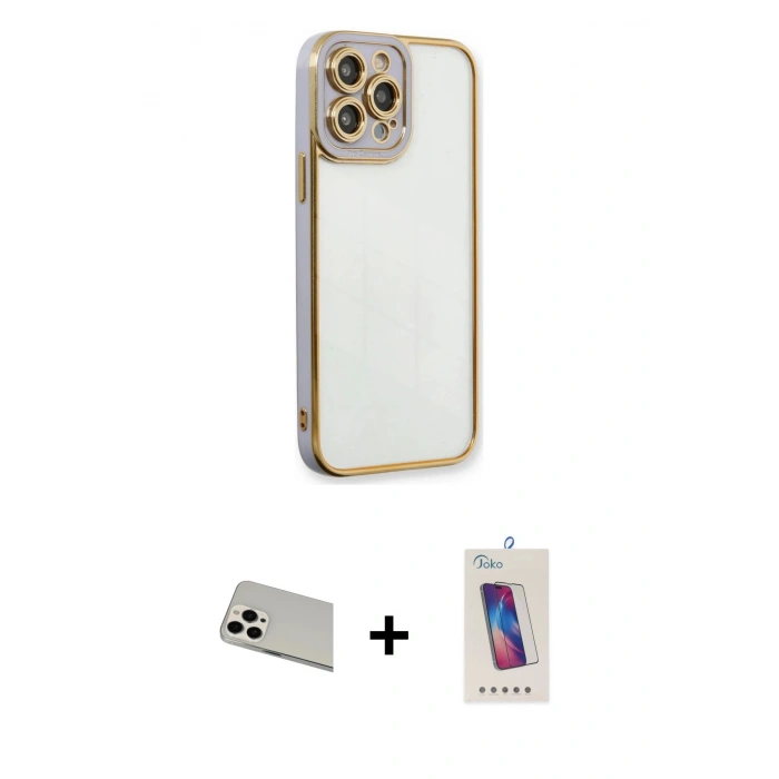 MARSİLYAN™- iPhone 13 Pro Max Kılıf Çekirdek Klasik Serisi - Siyah Joko 5D Cam + Beyaz Rainbow Kamera Lens Koruma Cam