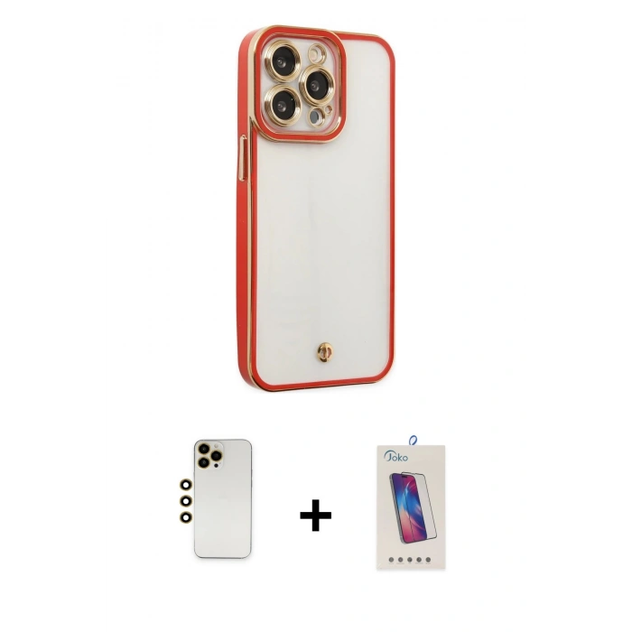 MARSİLYAN™- iPhone 13 Pro Max Kılıf Çekirdek Klasik Serisi - Siyah Joko 5D Cam + Gold Shine Kamera Lens