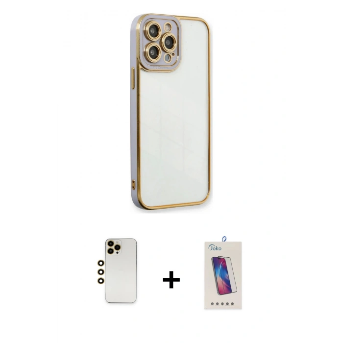 MARSİLYAN™- iPhone 13 Pro Max Kılıf Çekirdek Klasik Serisi - Siyah Joko 5D Cam + Gold Shine Kamera Lens