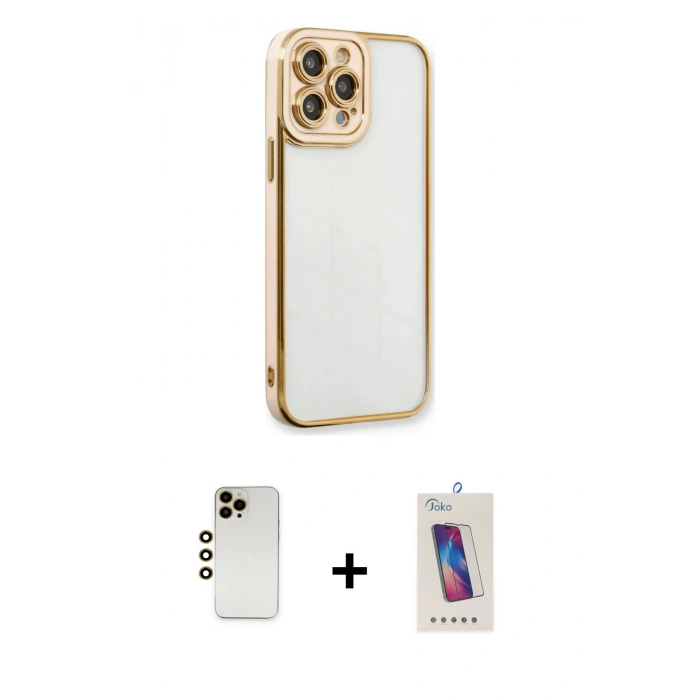 MARSİLYAN™- iPhone 13 Pro Max Kılıf Çekirdek Klasik Serisi - Siyah Joko 5D Cam + Gold Shine Kamera Lens