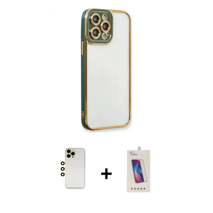 MARSİLYAN™- iPhone 13 Pro Max Kılıf Çekirdek Klasik Serisi - Siyah Joko 5D Cam + Gold Shine Kamera Lens