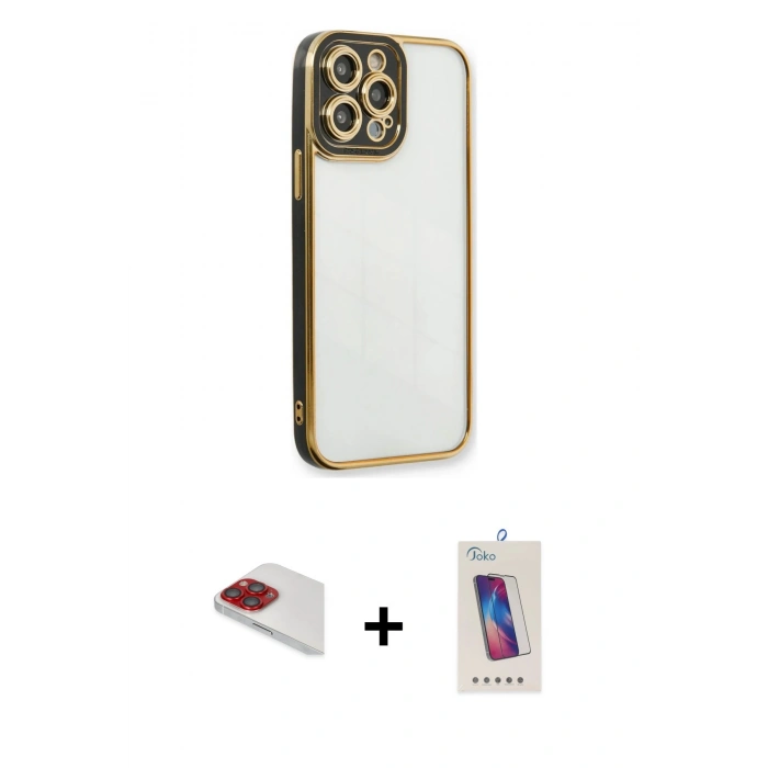 MARSİLYAN™- iPhone 13 Pro Max Kılıf Çekirdek Klasik Serisi - Siyah Joko 5D Cam + Pers Alüminyum Kamera Lens - KI