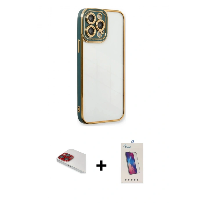 MARSİLYAN™- iPhone 13 Pro Max Kılıf Çekirdek Klasik Serisi - Siyah Joko 5D Cam + Pers Alüminyum Kamera Lens - KI