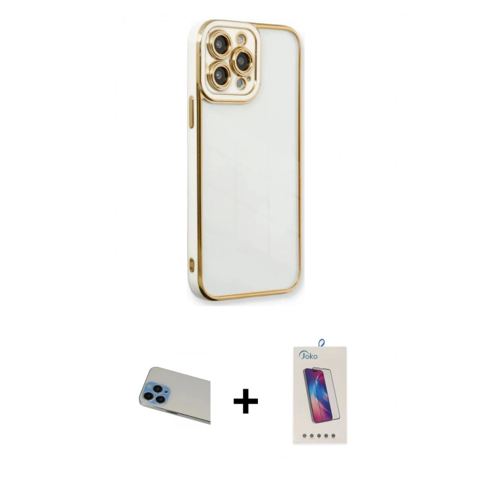 MARSİLYAN™- iPhone 13 Pro Max Kılıf Çekirdek Klasik Serisi - Siyah Joko 5D Cam + Mavi Rainbow Kamera Lens Koruma Cam