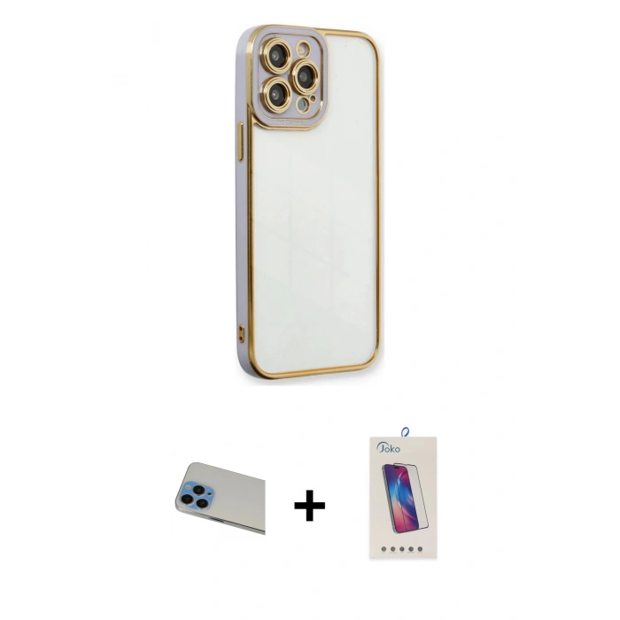 MARSİLYAN™- iPhone 13 Pro Max Kılıf Çekirdek Klasik Serisi - Siyah Joko 5D Cam + Mavi Rainbow Kamera Lens Koruma Cam