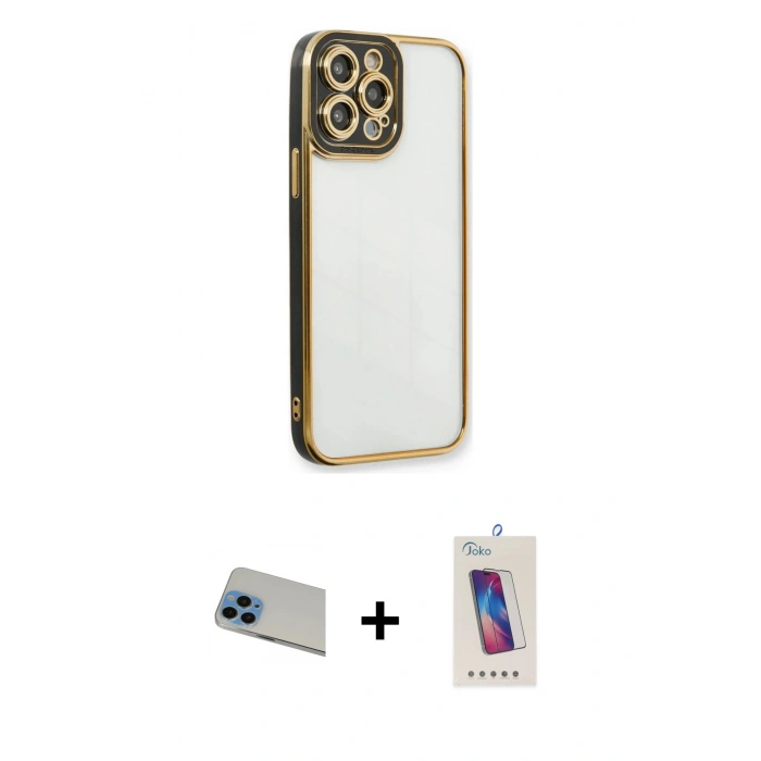 MARSİLYAN™- iPhone 13 Pro Max Kılıf Çekirdek Klasik Serisi - Siyah Joko 5D Cam + Mavi Rainbow Kamera Lens Koruma Cam