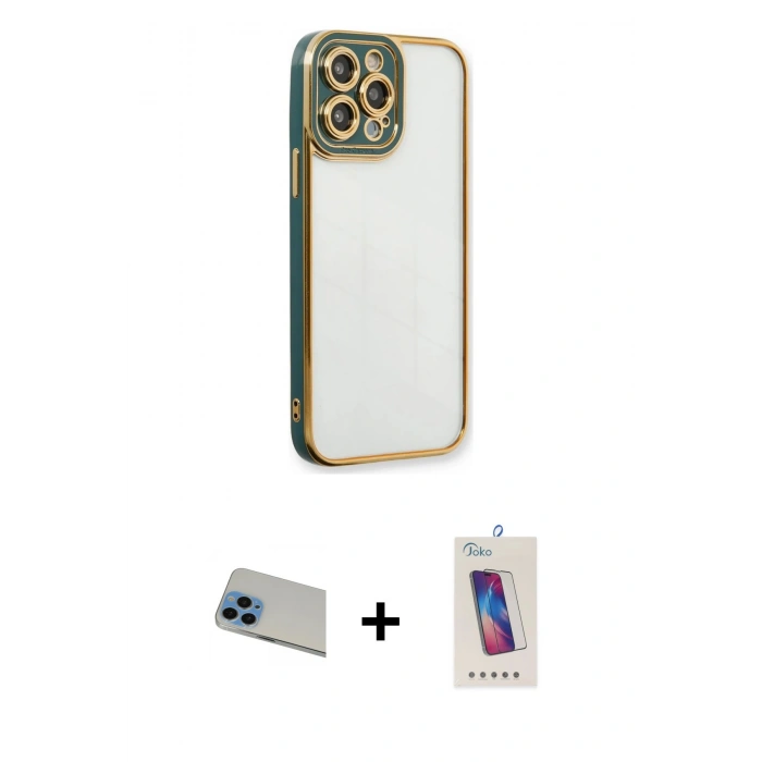 MARSİLYAN™- iPhone 13 Pro Max Kılıf Çekirdek Klasik Serisi - Siyah Joko 5D Cam + Mavi Rainbow Kamera Lens Koruma Cam