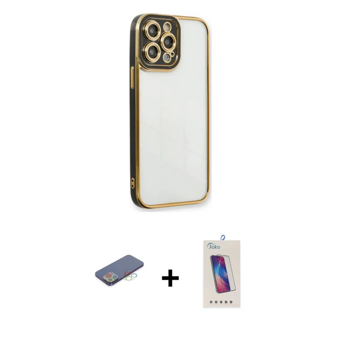 MARSİLYAN™- iPhone 13 Pro Max Kılıf Çekirdek Klasik Serisi - Siyah Joko 5D Cam + Renkli Kamera Lens Koruma Cam - MI