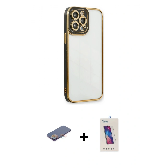 MARSİLYAN™- iPhone 13 Pro Max Kılıf Çekirdek Klasik Serisi - Siyah Joko 5D Cam + Renkli Kamera Lens Koruma Cam - PE
