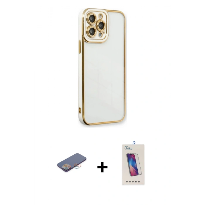 MARSİLYAN™- iPhone 13 Pro Max Kılıf Çekirdek Klasik Serisi - Siyah Joko 5D Cam + Renkli Kamera Lens Koruma Cam - PE