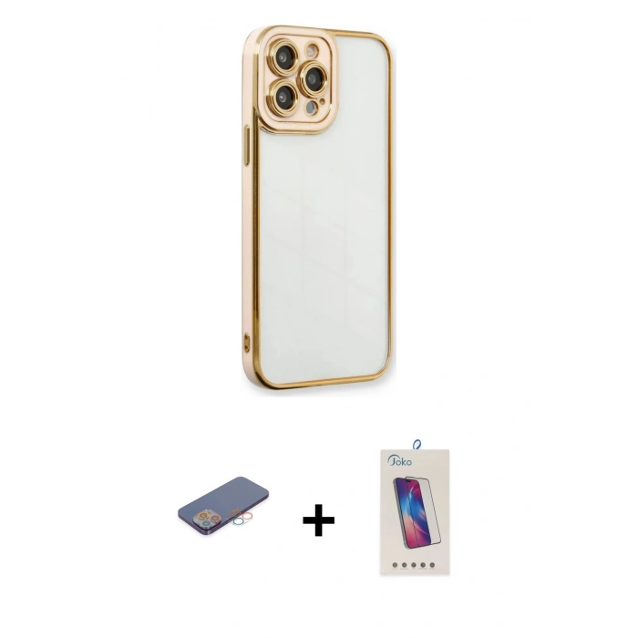 MARSİLYAN™- iPhone 13 Pro Max Kılıf Çekirdek Klasik Serisi - Siyah Joko 5D Cam + Renkli Kamera Lens Koruma Cam - PE