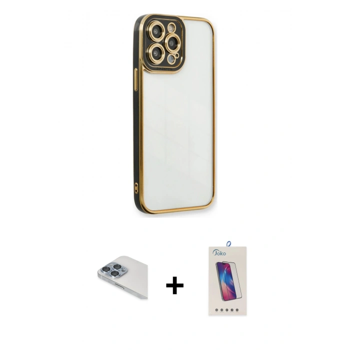 MARSİLYAN™- iPhone 13 Pro Max Kılıf Çekirdek Klasik Serisi - Siyah Joko 5D Cam + Pers Alüminyum Kamera Lens - SABE